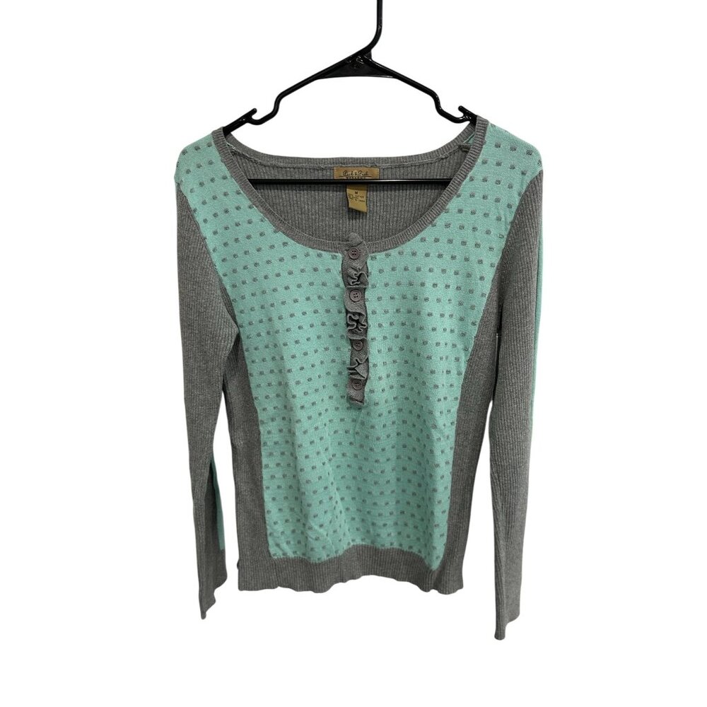 Peck & Peck Weekend Polka Dot Henley Pullover Sweater Mint Gray Sz Medium Knit